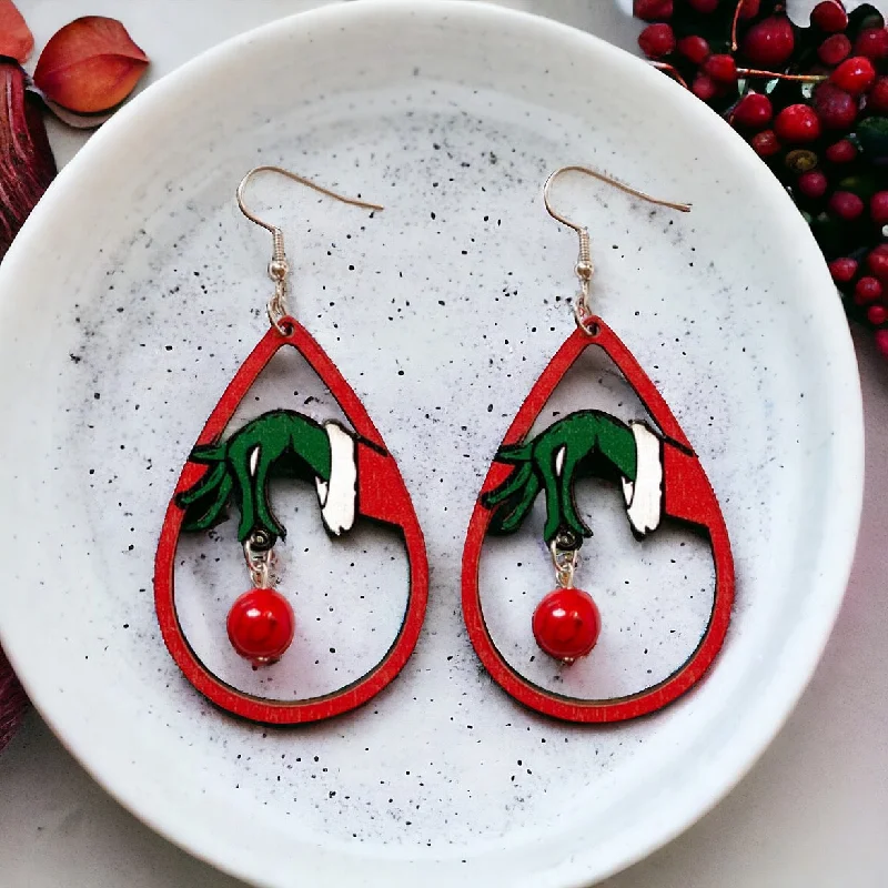 Ladies rings sapphire stones-Wooden Green and Red Christmas Drop Earrings