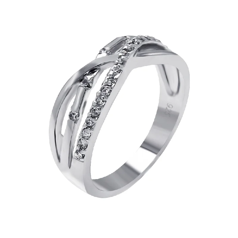 Ladies rings birthday surprises-Silver 925 Rhodium Plated Clear CZ 3 Row Overlap Ring - BGR00510