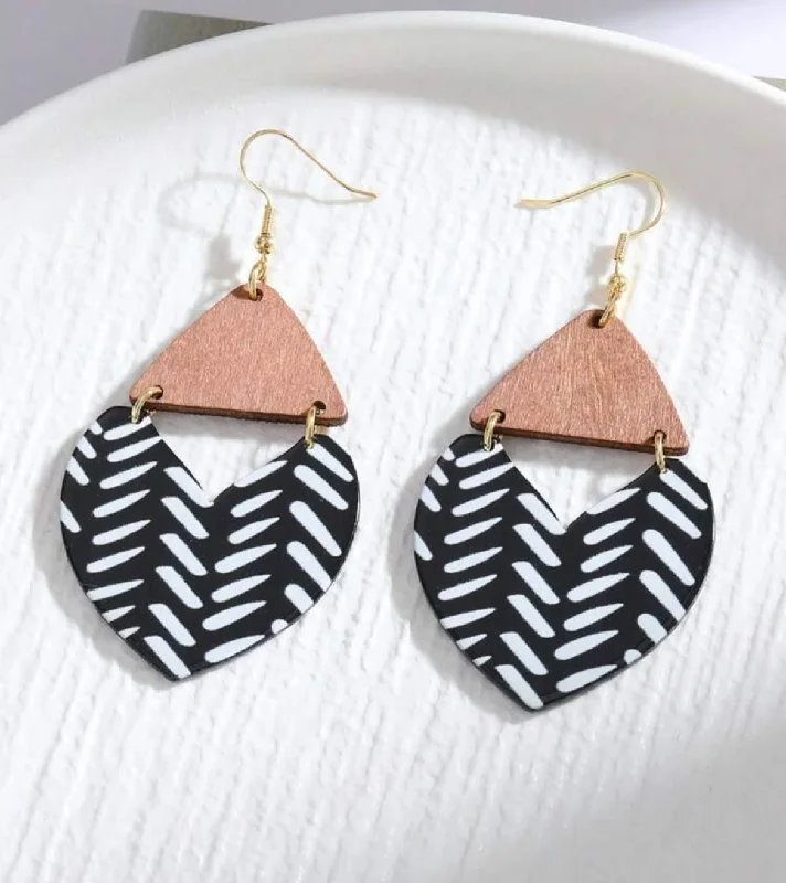 Ladies rings anniversary styles-Black and White Wooden Triangle Earrings