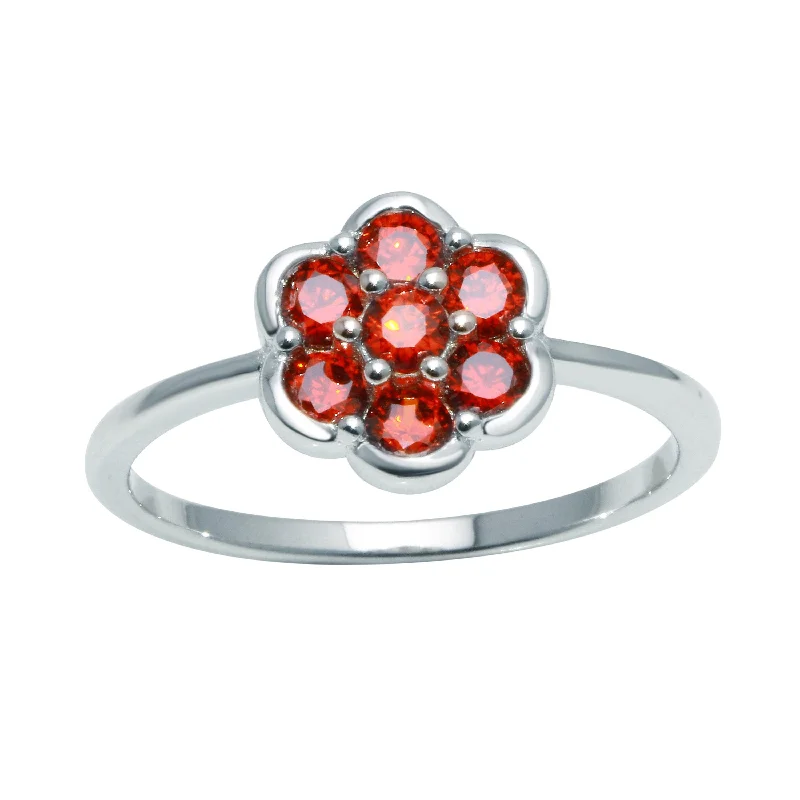 Ladies rings punk vibes-Rhodium Plated 925 Sterling Silver Flower Ring with Red CZ - BGR01152RED