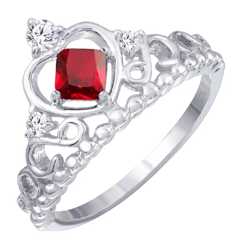 Ladies rings index finger-Rhodium Plated 925 Sterling Silver Crown Ring with Red and Clear CZ - BGR01168RED