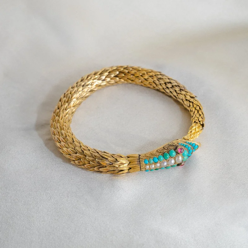 Ladies bracelets silver finishes-Antique Victorian Snake Bracelet 18k Yellow Gold With Turquoise, Pearl and Garnet Detail