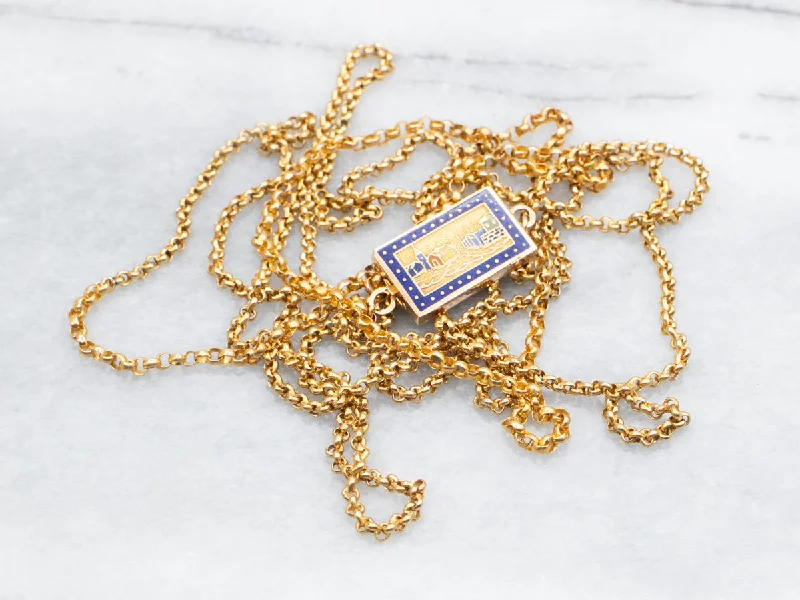 Long Antique Gold Sleepy Downtown Enamel Slide Pendant Necklace