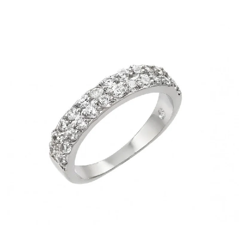 Ladies rings memory keepsakes-Silver 925 Rhodium Plated Clear Inlay CZ 2 Row Half Ring - BGR00902