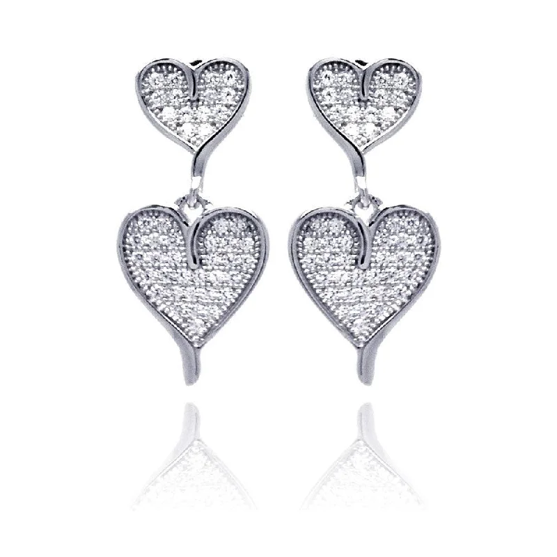 Ladies rings minimalist charm-Silver 925 Rhodium Plated Micro Pave Clear Graduated Heart CZ Dangling Earrings - ACE00052