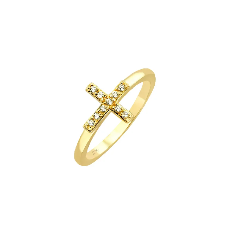 Ladies rings custom options-Silver 925 Gold Plated Clear CZ Mini Cross Ring - BGR00614GP