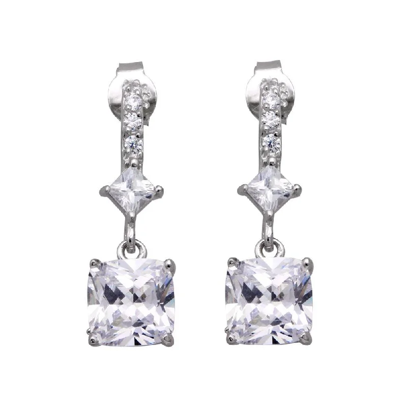 Ladies rings affordable finds-Silver 925 Rhodium Plated Square CZ Dangling Post Earrings - STE00448