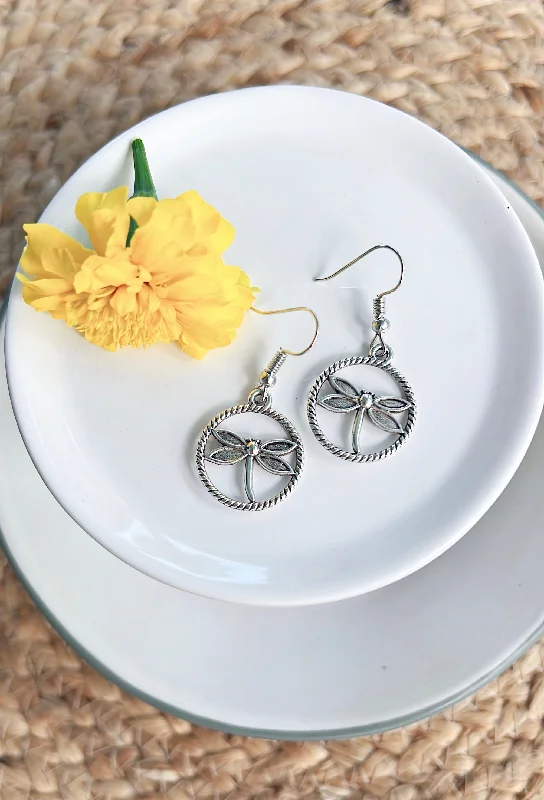 Ladies rings personalized-Dainty Round Dragonfly Earrings