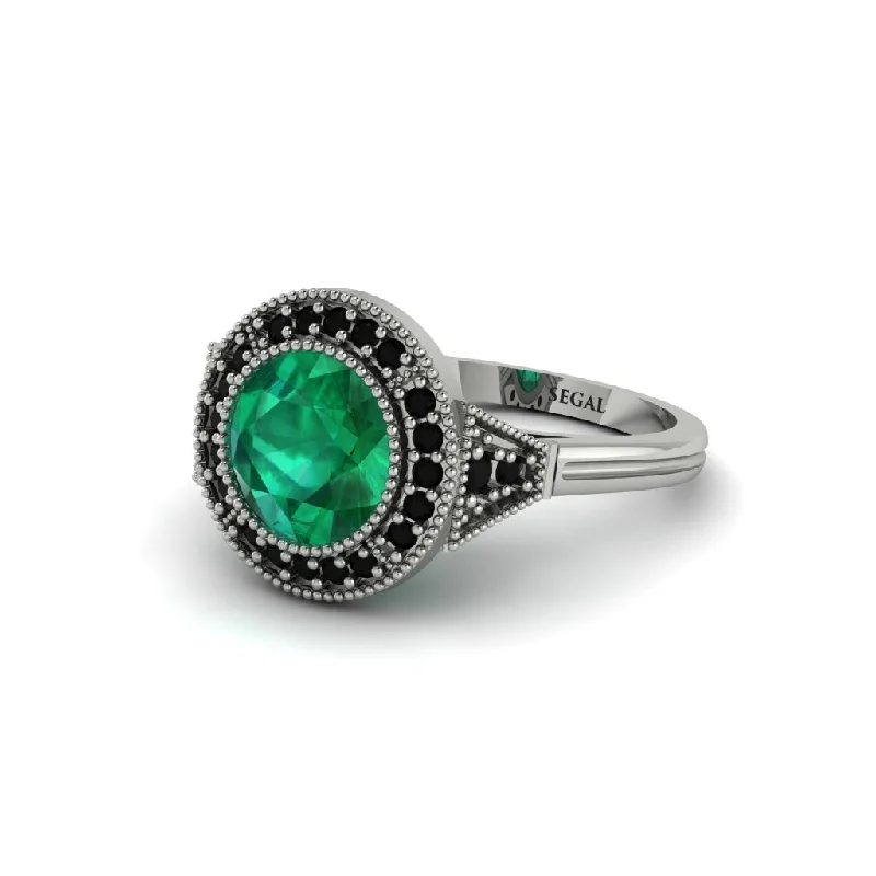 Ladies engagement rings care advice-Round Cut Emerald Milgrain Halo Engagement Ring - Maggie No. 36