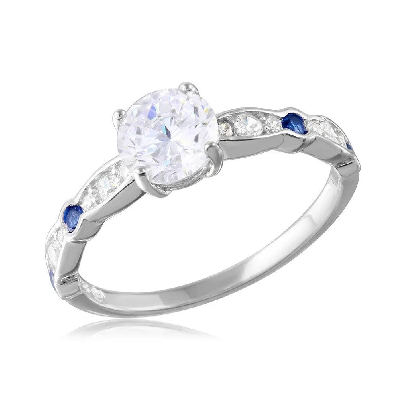 Ladies rings ethnic patterns-Silver 925 Rhodium Plated Blue and Clear CZ Ring - BGR01077