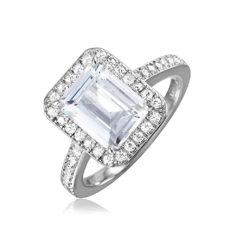 Ladies rings handmade crafts-Silver 925 Rhodium Plated Emerald Cut Halo Ring - GMR00082