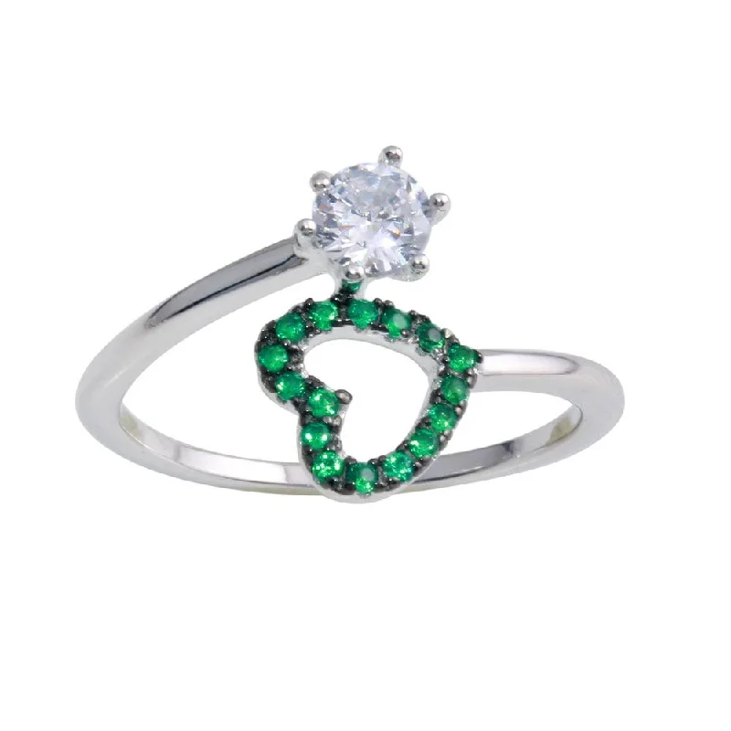 Ladies rings viral picks-Rhodium Plated 925 Sterling Silver Open Heart Ring with Green and Clear CZ - BGR01221GRN