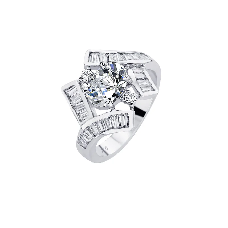 Ladies rings mature styles-Silver 925 Rhodium Plated Clear Baguette Round Center CZ Overlap Bridal Ring - BGR00566