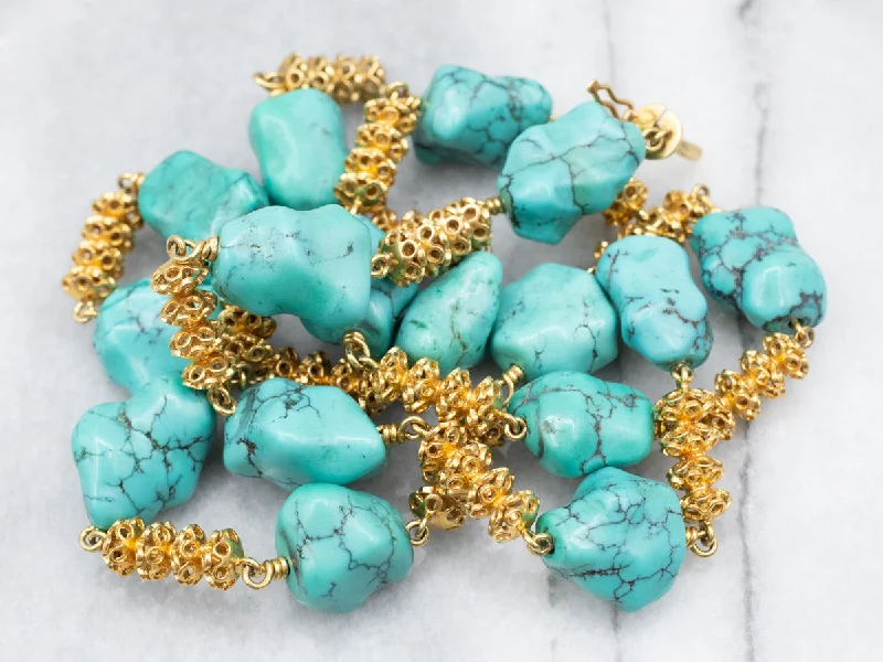 Stunning 18-Karat Gold Turquoise Nugget Beaded Necklace