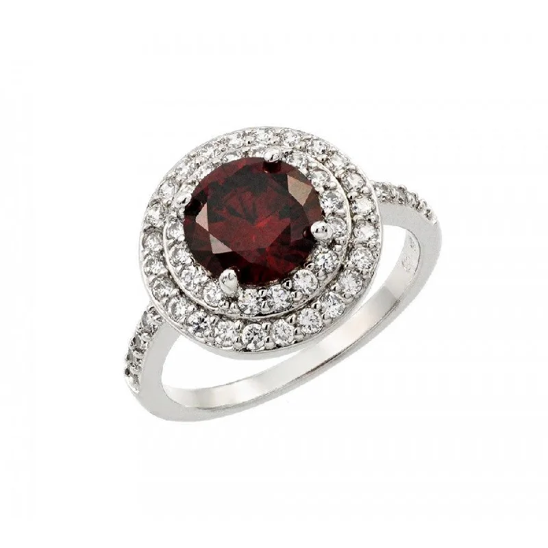 Ladies rings pure silver-Silver 925 Rhodium Plated Red Center and Clear Cluster CZ Ring - BGR00886RED