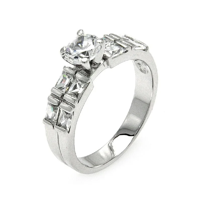 Ladies rings heart motifs-Silver 925 Rhodium Plated Clear Round Center Square Side Rows CZ Bridal Ring - BGR00576