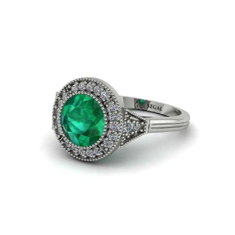 Ladies engagement rings buying tips-Round Cut Emerald Milgrain Halo Engagement Ring - Maggie No. 6