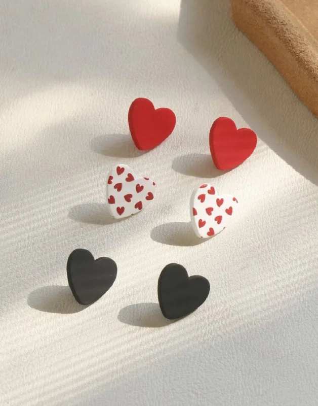 Ladies rings girlfriend surprises-Charming Heart Trio Set: Red, White, and Black Stud Earrings