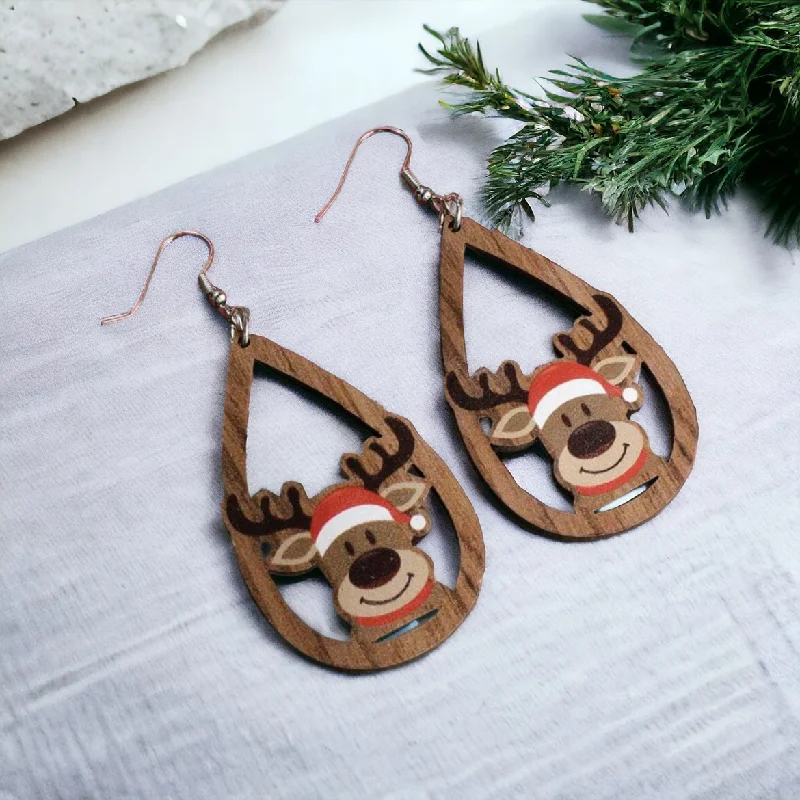 Ladies rings wedding bands-Adorable Wooden Reindeer Drop Earrings