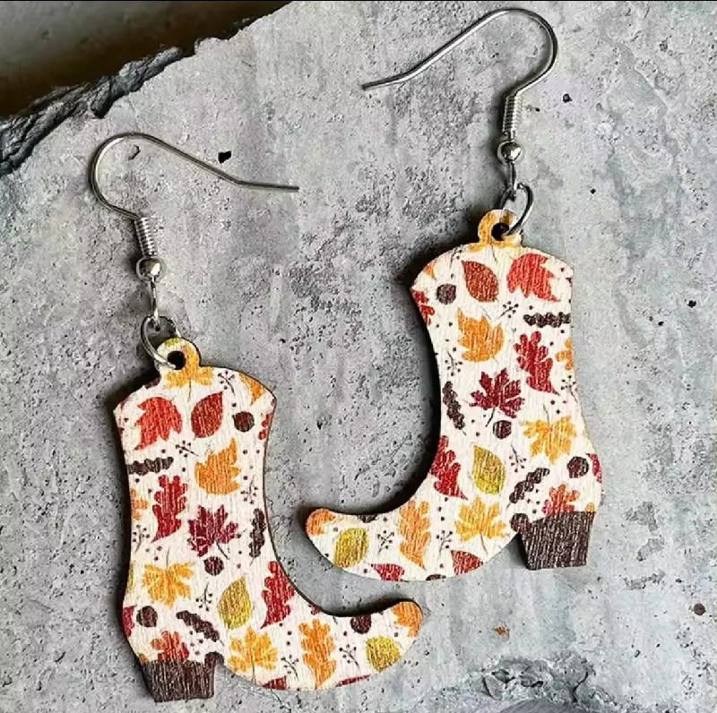 Ladies rings unique designs-Wooden Cowboy Boot Earrings with Fall Leaves