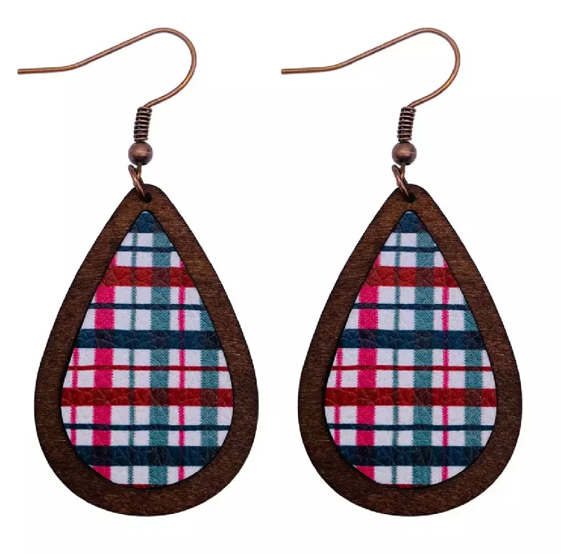 Ladies rings ring finger-Beautiful Red and Green Plaid Striped Wooden Drop Earrings