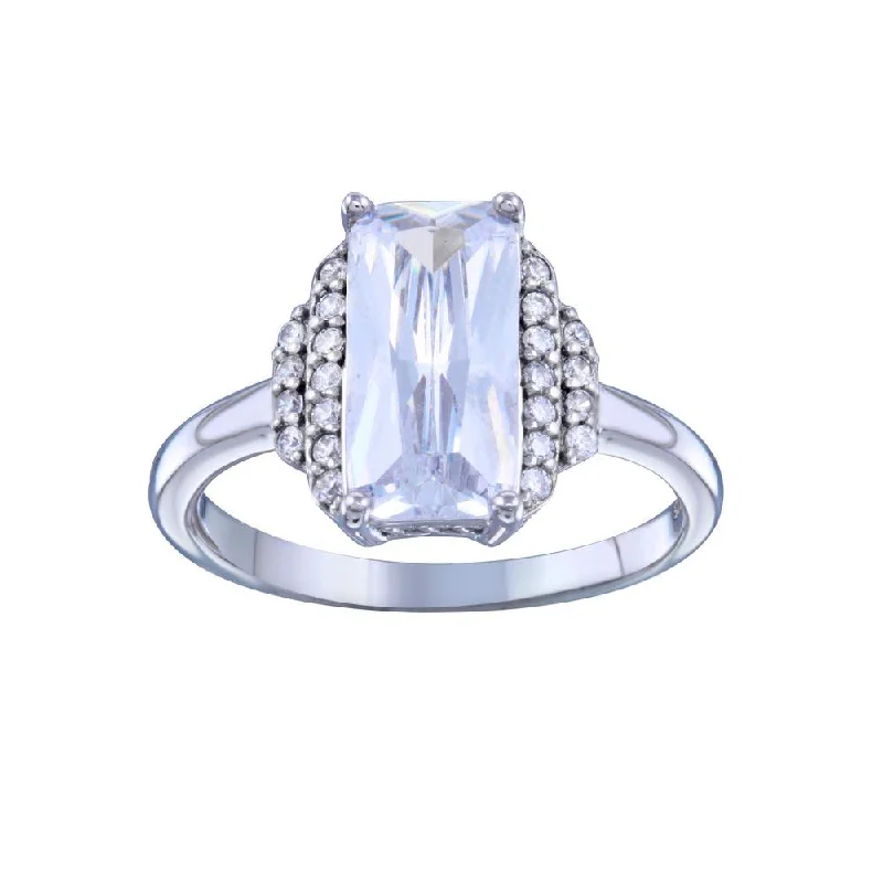 Ladies rings age suitability-Rhodium Plated 925 Sterling Silver Layered Rectangle Center CZ Bridal Ring - STR01139