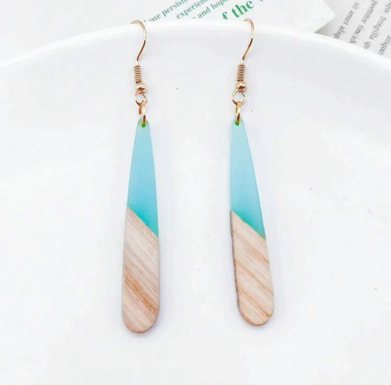 Ladies rings office elegance-Gorgeous Wood and Light Blue Resin Bar Earrings