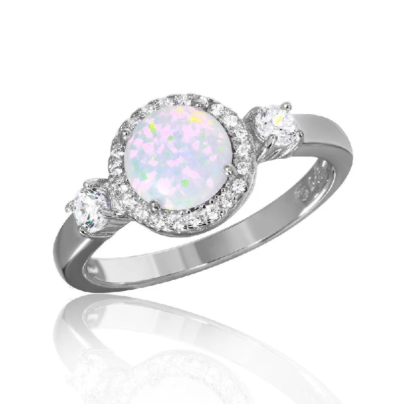 Ladies rings white gold-Silver 925 Rhodium Plated Halo Ring with Synthetic Opal and CZ - BGR01045