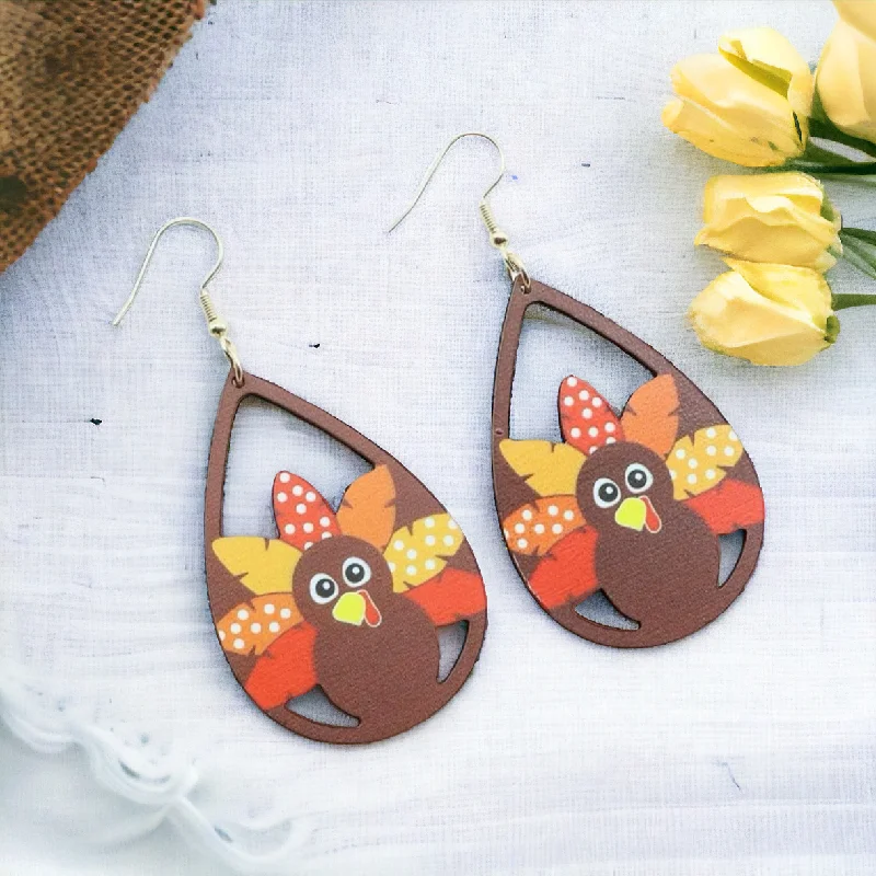 Ladies rings colorful stones-Wooden Turkey Drop Earrings