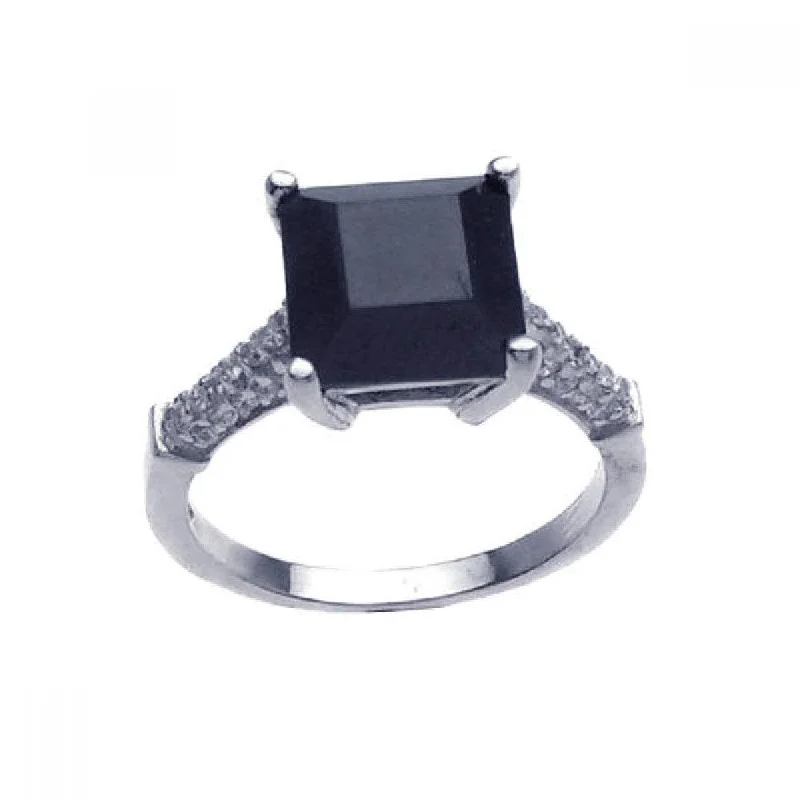 Ladies rings stacking trends-Silver 925 Rhodium Plated Black Square Center Pave Set Clear CZ Ring - STR00635