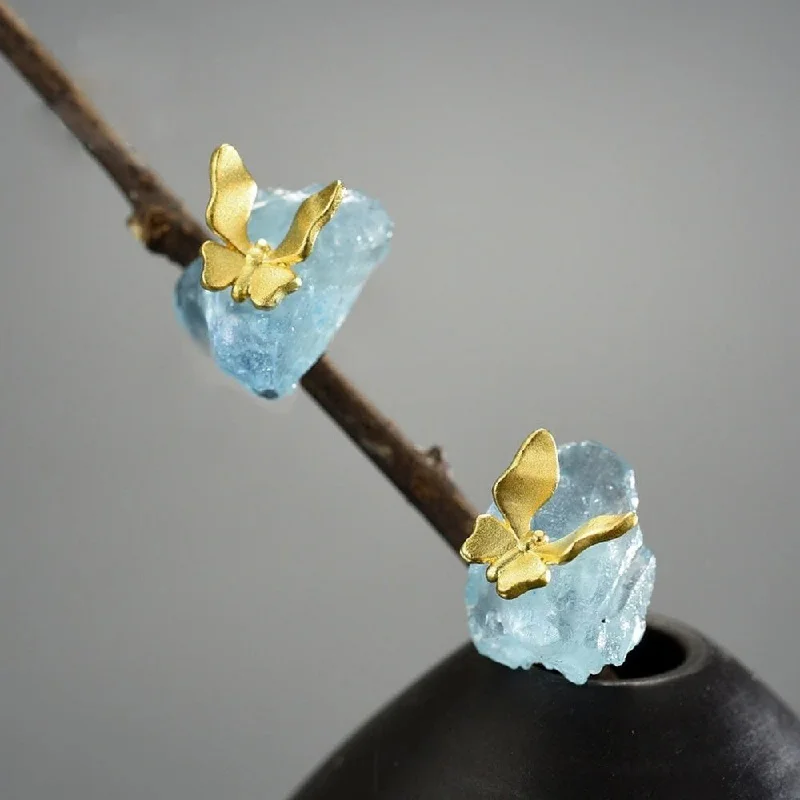 Ladies rings custom options-Butterfly Aquamarine Earrings