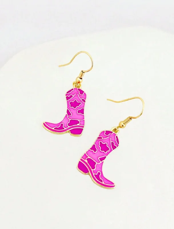 Ladies rings silver tones-Beautiful Pink Cowboy Boot Earrings