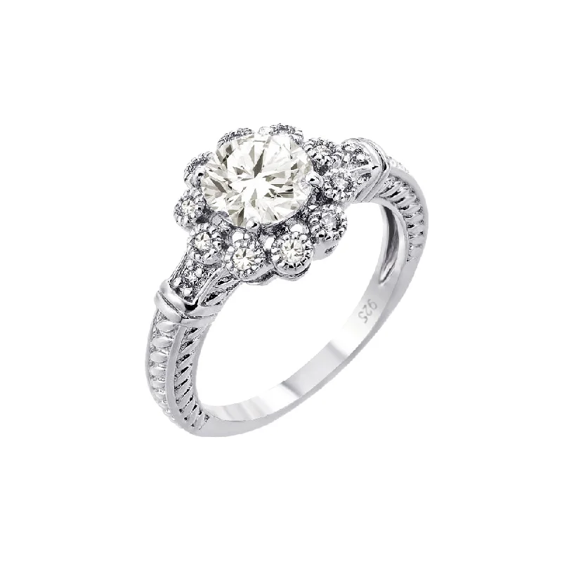 Ladies rings group styles-Silver 925 Rhodium Plated Clear CZ Bridal Flower Ring - BGR00782