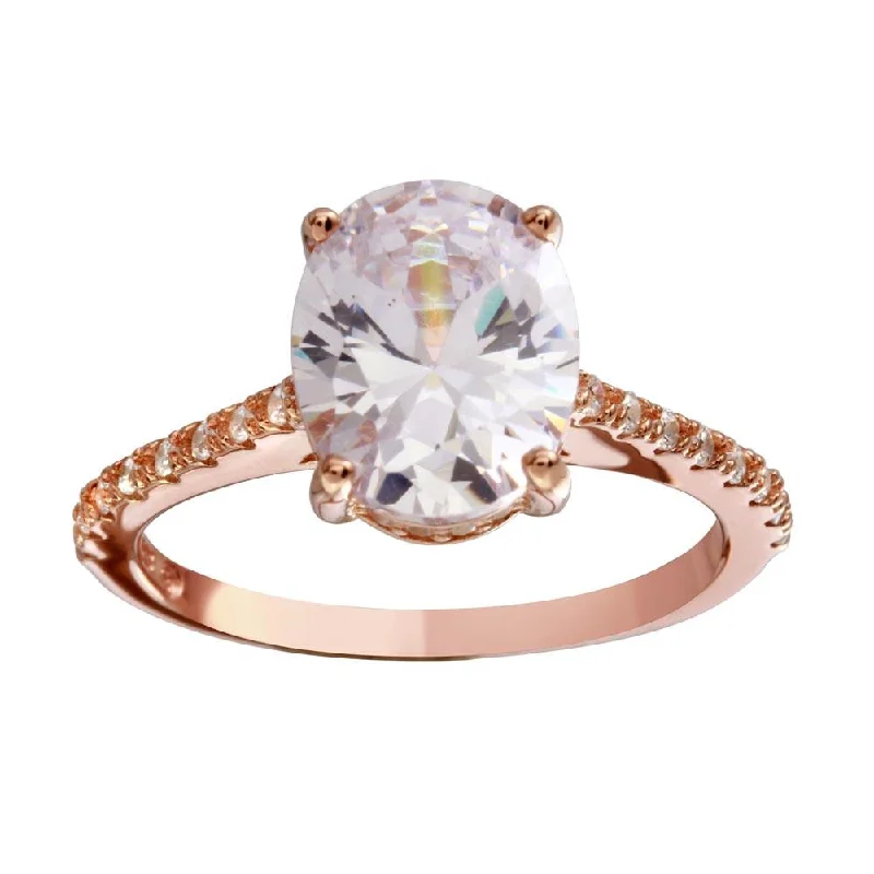 Ladies rings custom options-Rose Gold Plated 925 Sterling Silver Oval Solitaire CZ Band Ring - BGR01184RGP