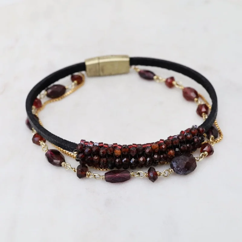 Ladies bracelets cute accents-Hand Stitched Garnet & Garnet Bead Chain Bracelet