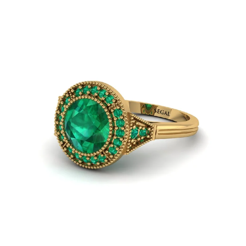 Ladies engagement rings dainty styles-Round Cut Emerald Milgrain Halo Engagement Ring - Maggie No. 19