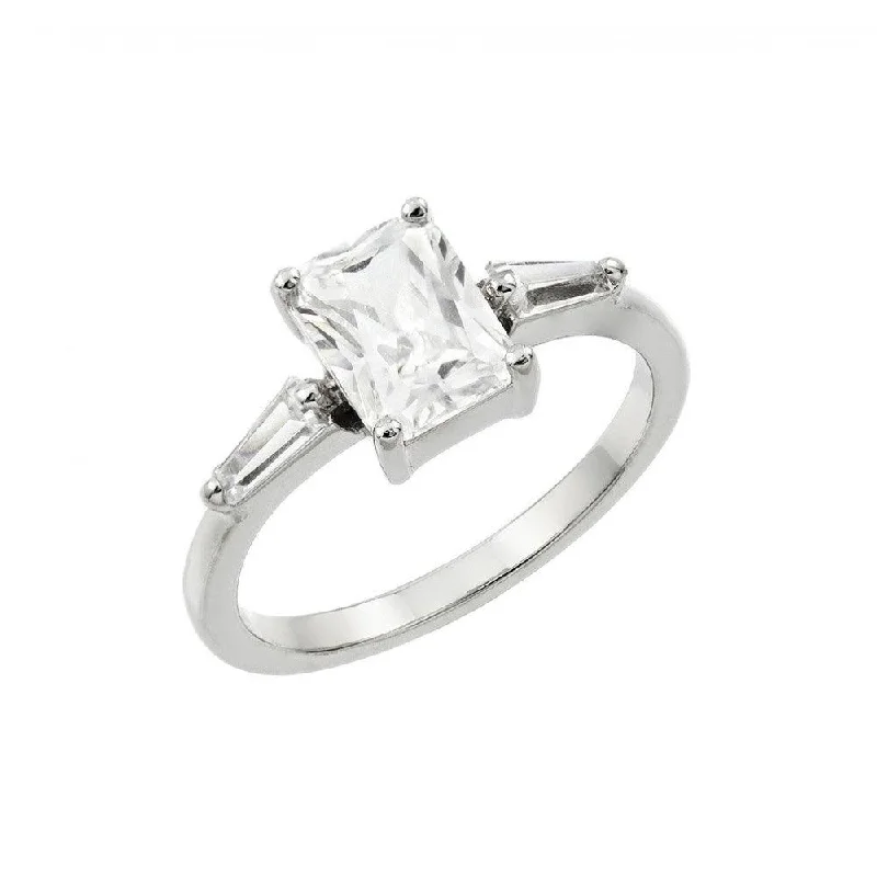 Ladies rings friendship rings-Silver 925 Rhodium Plated Clear Rectangular Center CZ Ring - BGR00889