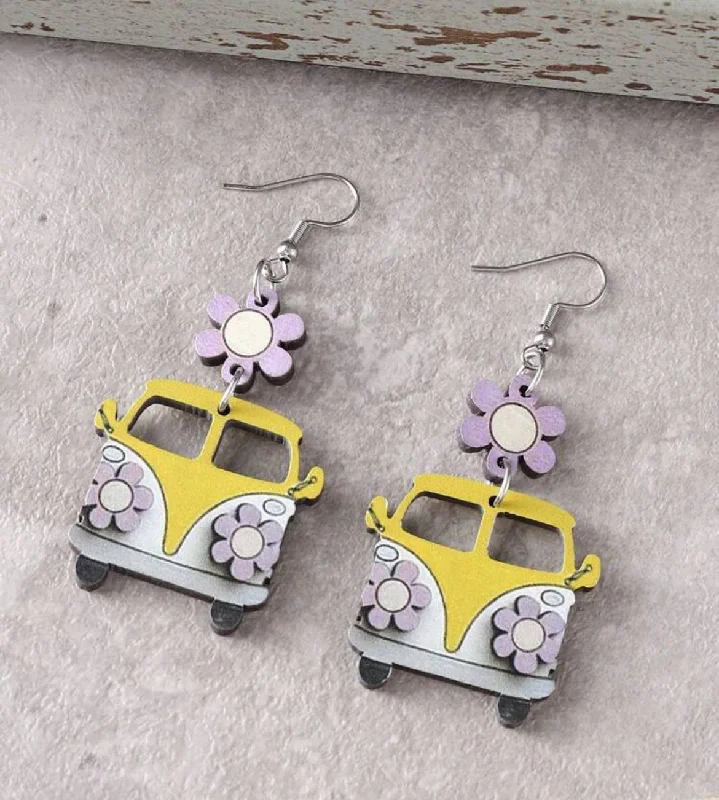 Ladies rings pearl accents-Vintage Yellow and Purple Flower School Bus Earrings