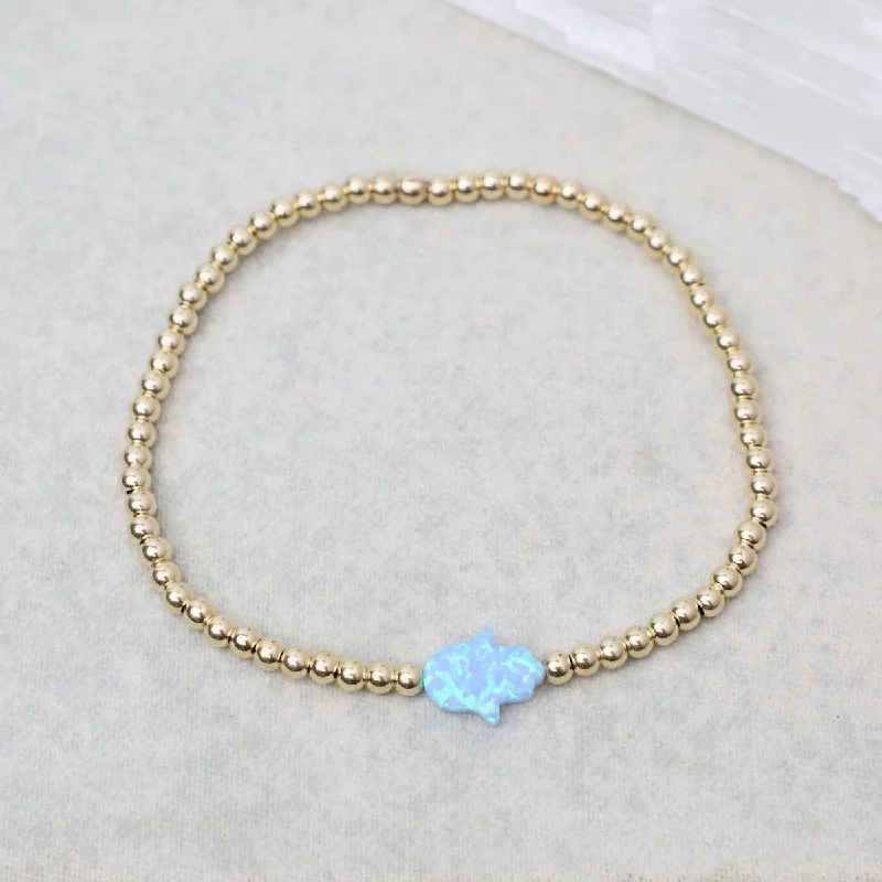 Ladies bracelets customer reviews-Blue Opal Hamsa Gold Filled Ball Bracelet