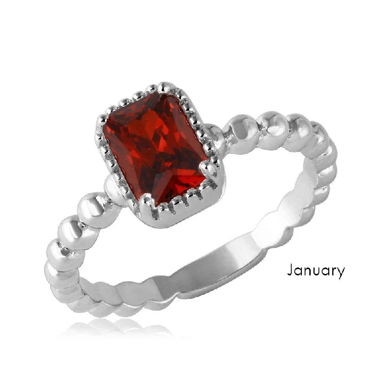 Ladies rings office elegance-January Sterling Silver 925 Rhodium Plated Beaded Shank Square Center Birthstone Ring - BGR01081JAN