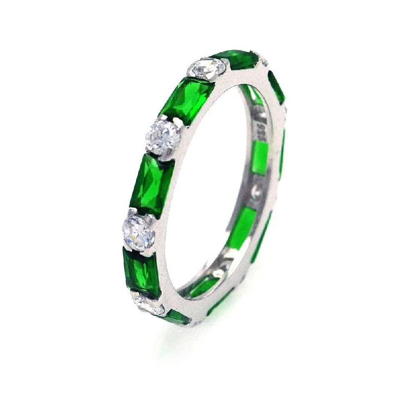 Ladies rings anniversary styles-Silver 925 Rhodium Plated Green Baguette Clear CZ Eternity Ring - STR00516GREEN