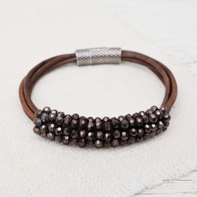 Ladies bracelets latest trends-Hand Stitched Port Crystals on Multi Strands Leather Bracelet