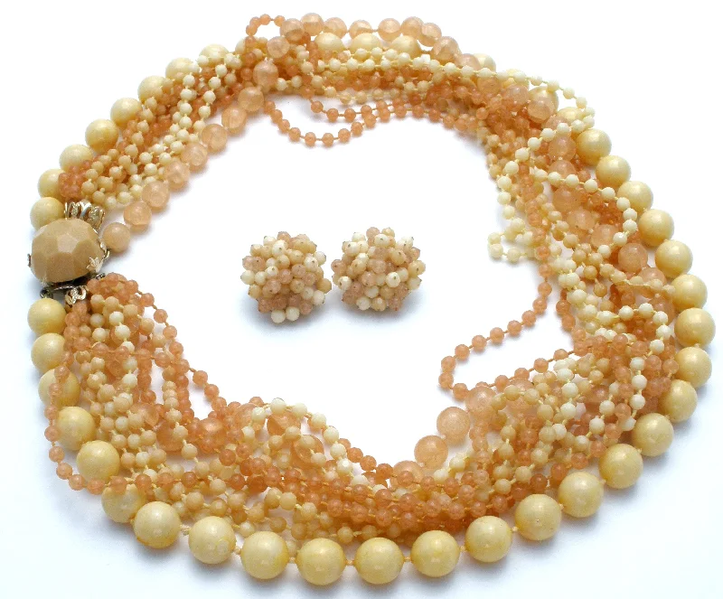 Cream & Beige Multi Strand Bead Necklace Set Vintage