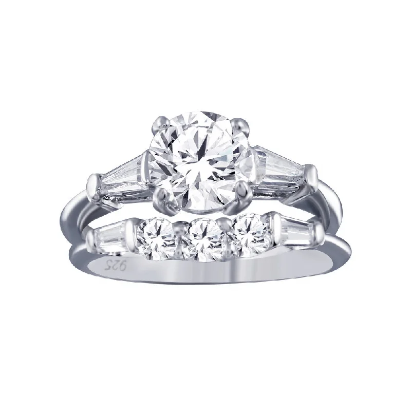 Ladies rings popular brands-Rhodium Plated 925 Sterling Silver Clear Baguette Round CZ Bridal Ring Set - BGR00092