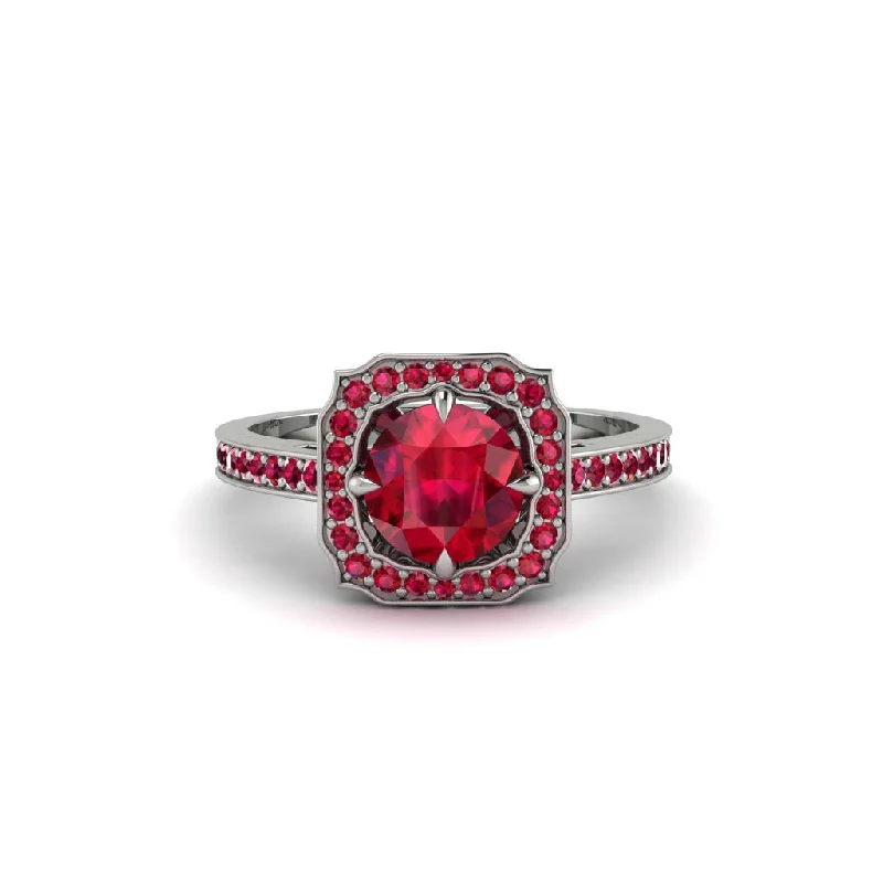 Ladies engagement rings boho vibes-Ruby Cathedral Halo Engagement Ring - Luciana No. 57