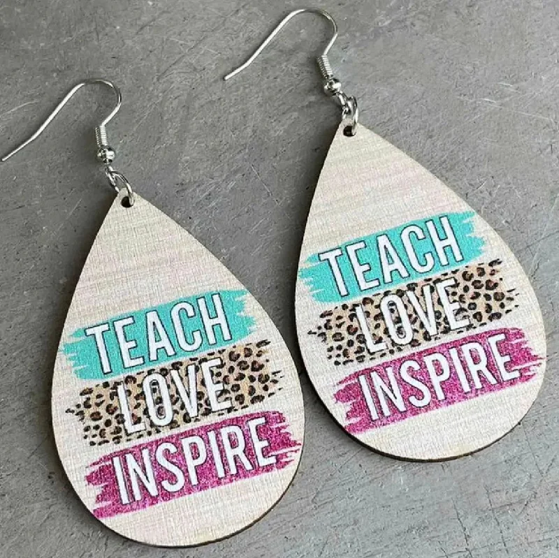 Ladies rings Asian designs-"Teach, Love, Inspire" Wooden Teacher Earrings