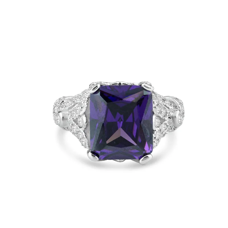 Ladies rings online shopping-Silver 925 Rhodium Plated Purple Square CZ Antique Ring - STR00567