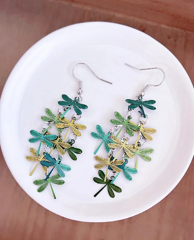 Ladies rings gold-plated-Beautiful Green Dragonfly Tassel Earrings