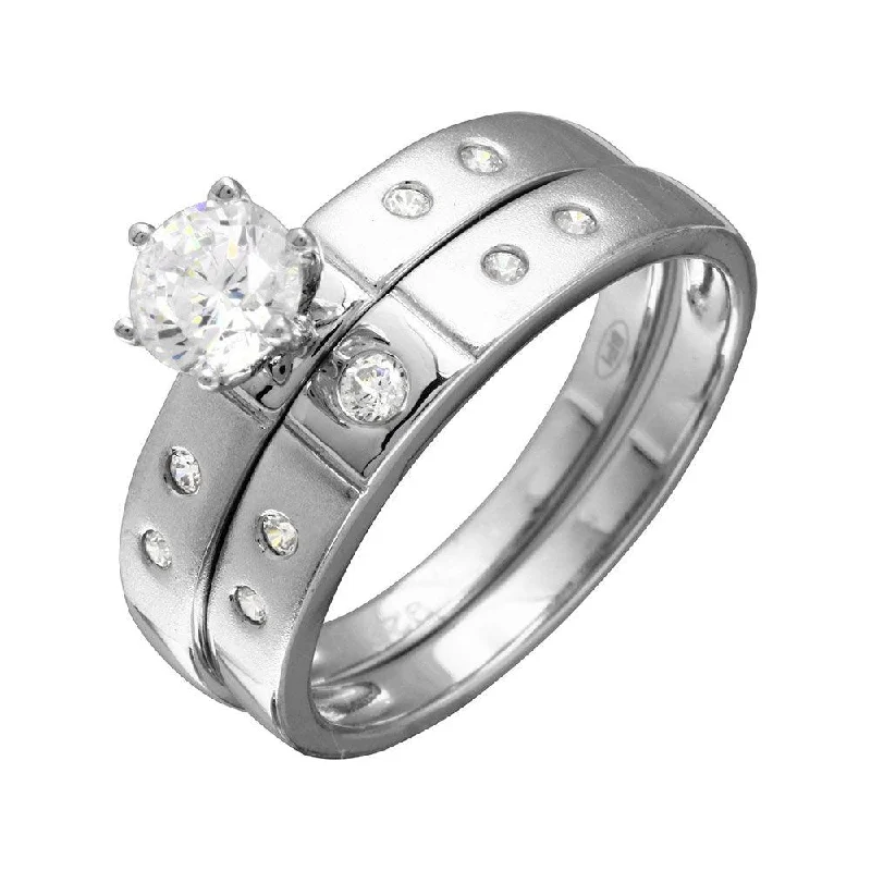 Ladies rings anniversary styles-Half Matte Finish Rhodium Plated 925 Sterling Silver  CZ Trio Bridal Ring - GMR00142