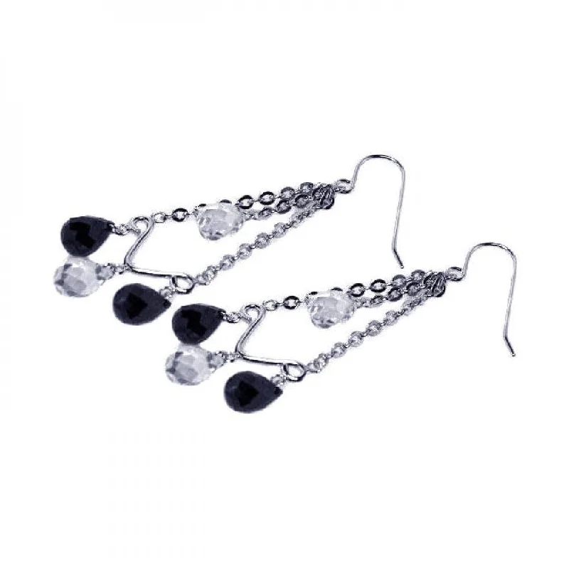 Ladies rings limited editions-Silver 925 Rhodium Plated Clear and Black Chandelier CZ Hook Earrings - STE00228